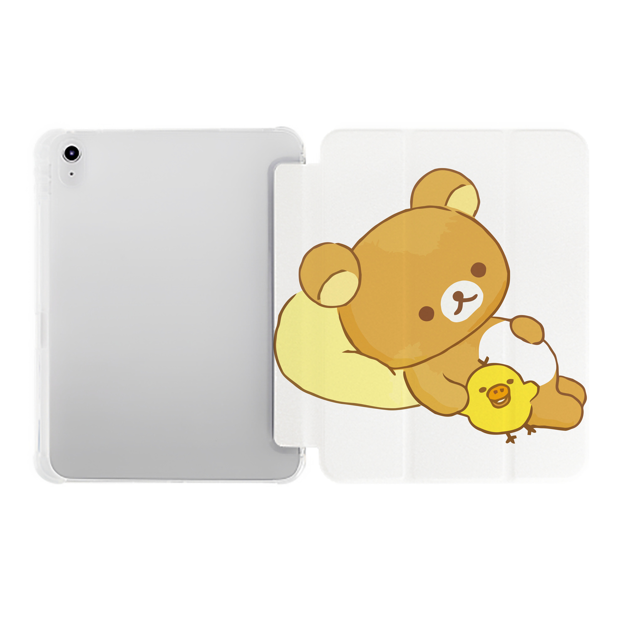 （画像用） リラックマ リラックマ キイロイトリ Rilakkuma Korilakkuma Kiiroitori IPad ケース ペン収納付き 三つ折りスタンド PUレザー×シリコン 対応機種9.5/10.5/10.9インチ